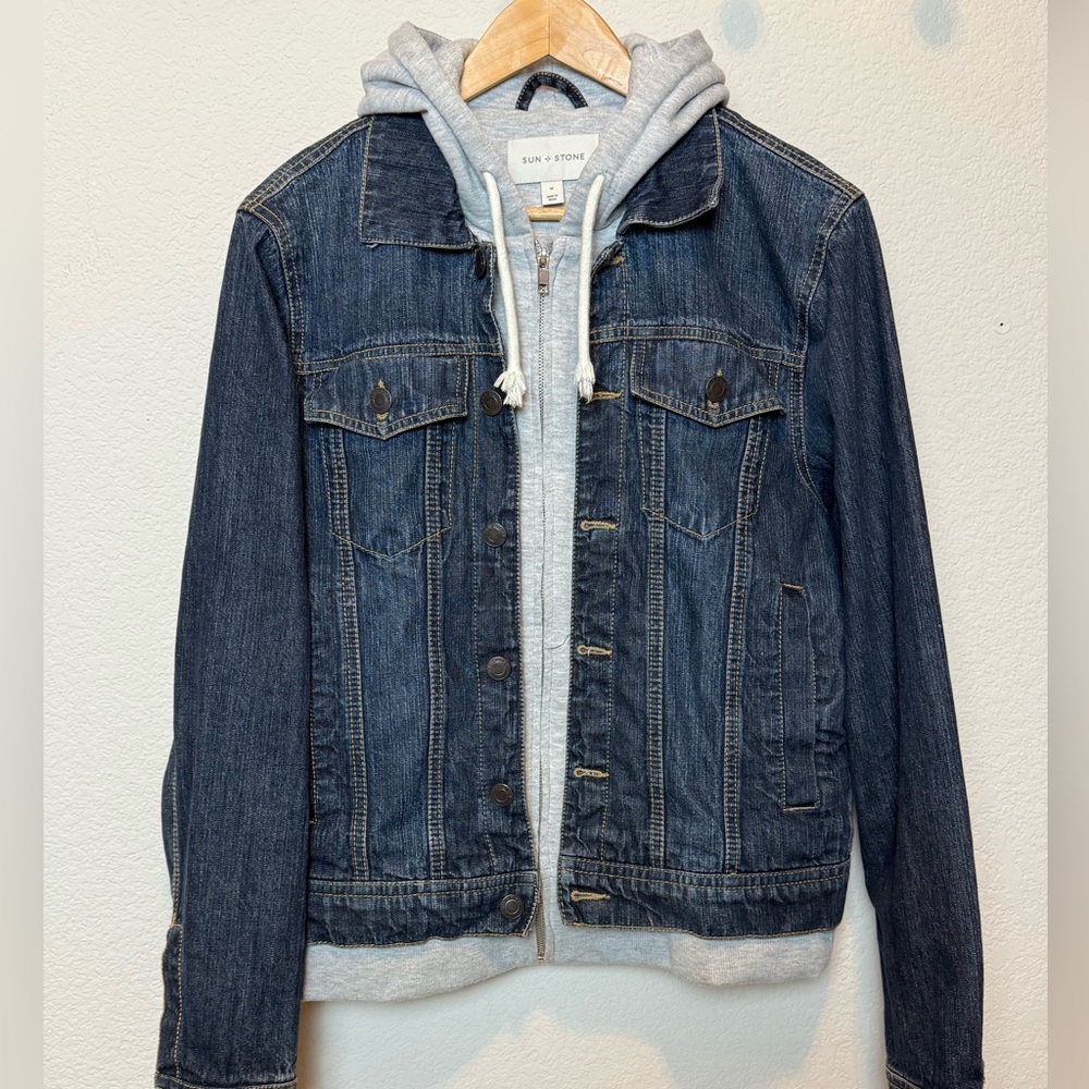Sun + Stone Blue Denim Jean Jacket with Hood Gray Hoodie Size Men’s M